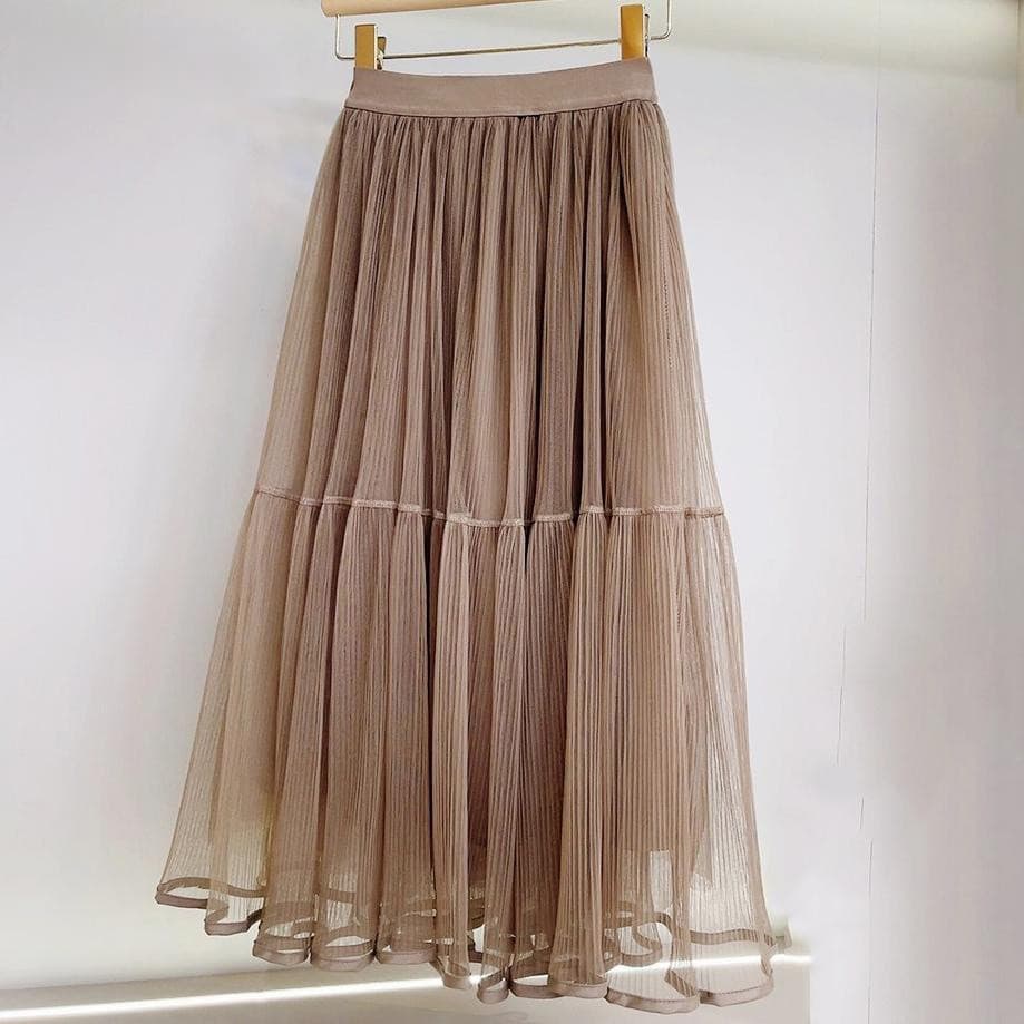 Qooth Saia De Malha Brilhante De Verão Feminina De Primavera Elegante Cintura Alta Cor Sólida Média Comprida Em Tule Lon