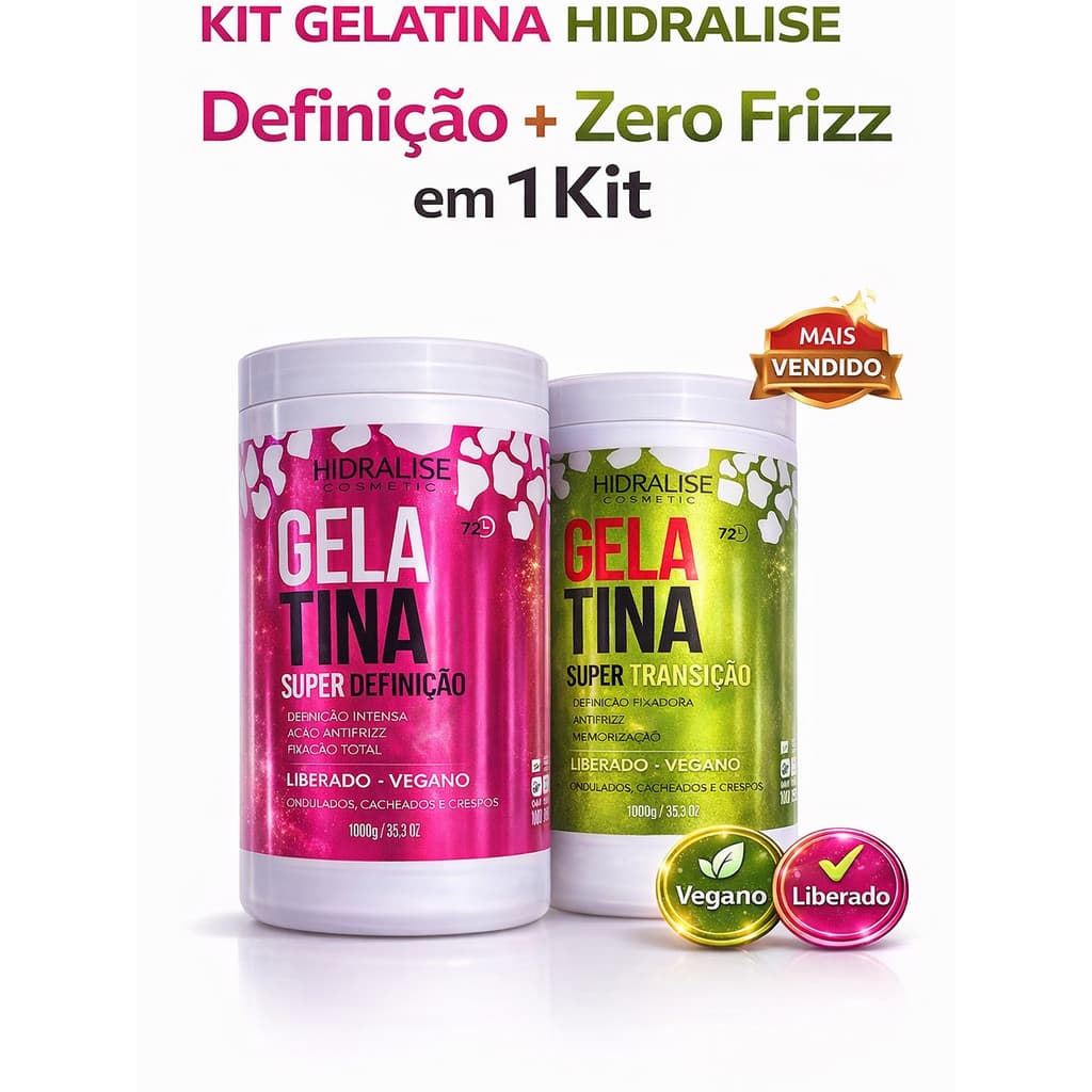kit Gelatina Capilar Para Cabelos Cacheados - Hidralize 1kg- Anti frizz, cabelos definidos, toque macio, natural!