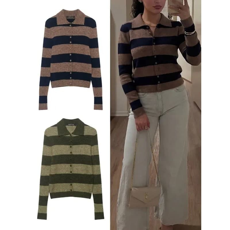 Cardigã de Tricô Listrado Feminino HH Spring Fashion 2026, Elegante, Manga Longa, Com Botões, Gola Polo, Jaqueta de Tric