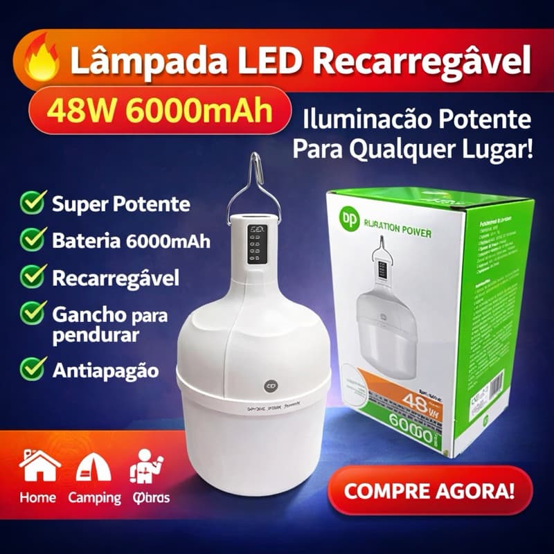 Lâmpada LED Recarregável 48W 6000mAh – Iluminação Potente Para Qualquer Lugar!