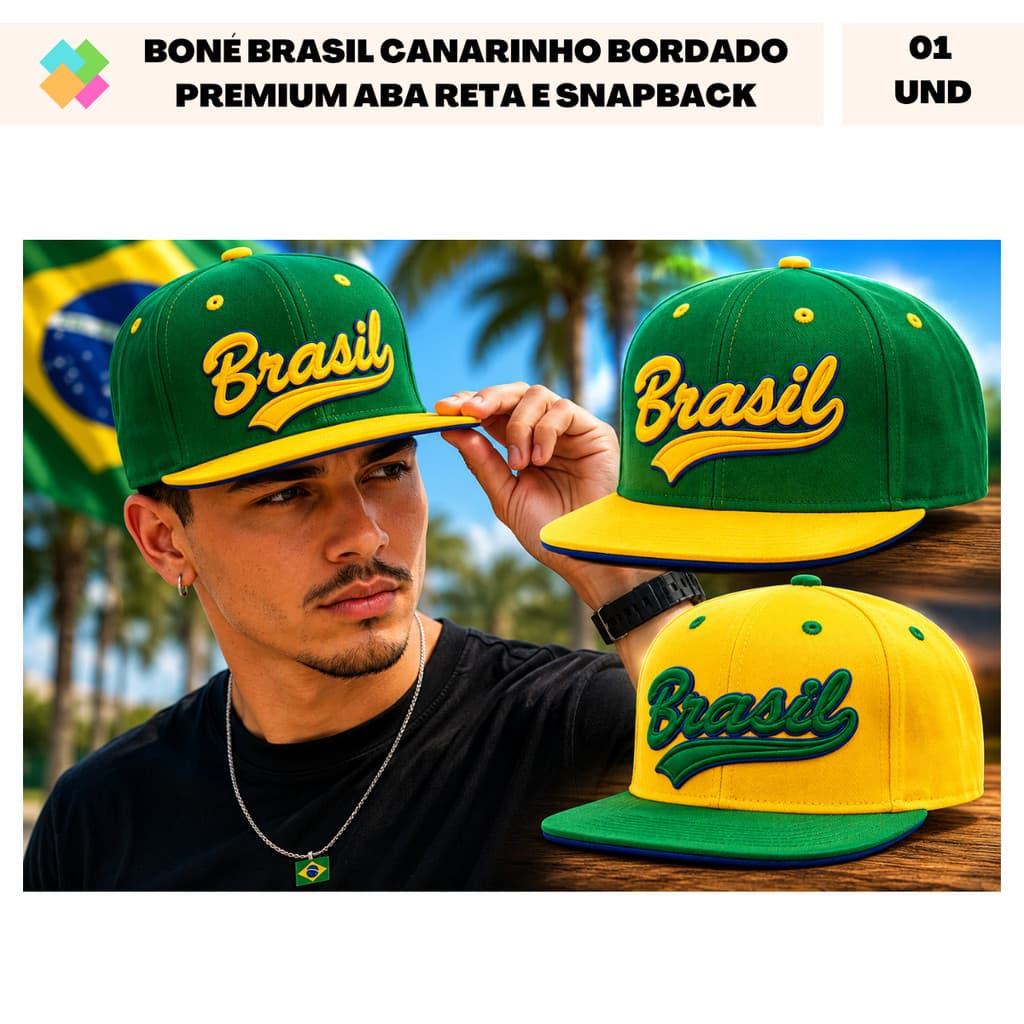 Boné Brasil Canarinho Bordado Premium Aba Reta e Snapback (1 Und)