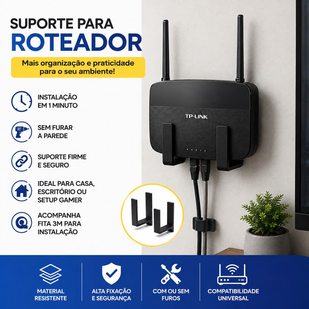 Suporte Roteador Parede Com Furo Fita 3M Universal Organizador WiFi Modem
