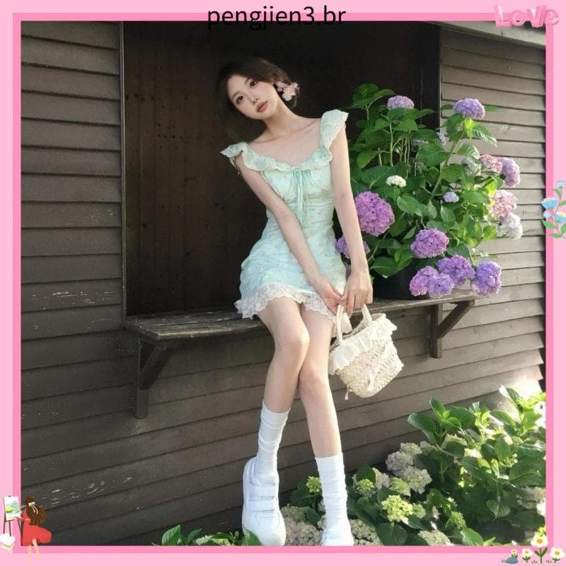 Verão dopamina hortelã vestido Floral suave verão renda costura pequenas mangas voadoras cintura estreita saia curta fof