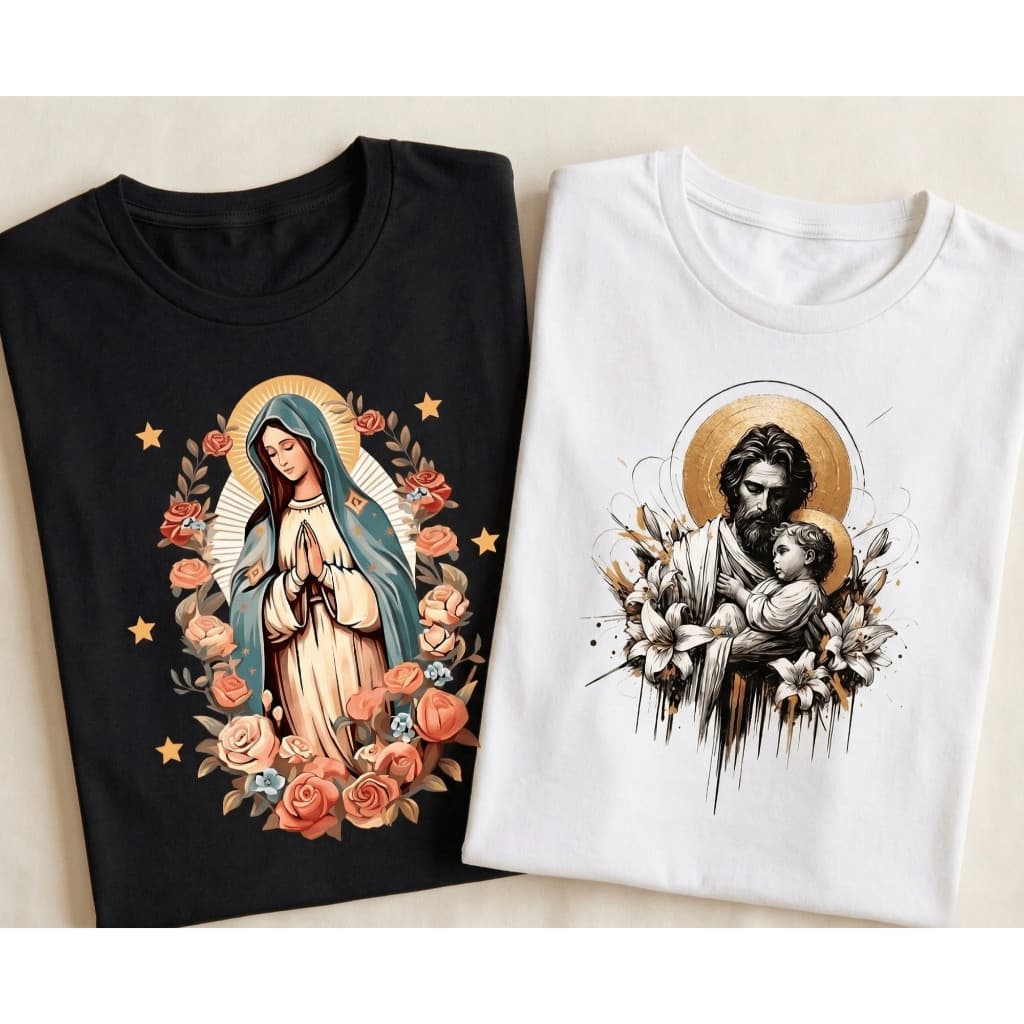 Kit 2 Camisetas Religiosas Femininas São José E Nossa Senhora Premium Algodão 100% Malha 30.1