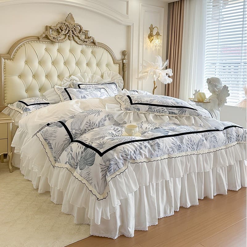 Cama de algodão puro francês conjunto de quatro peças algodão babados saia estilo bonito conjunto de cama estilo creme q
