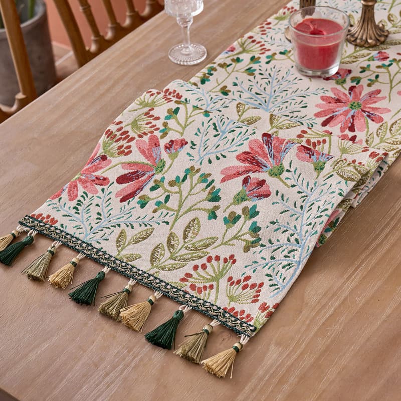 Caminho de Mesa Vintage Floral com Franjas Decorativas à Prova de Poeira