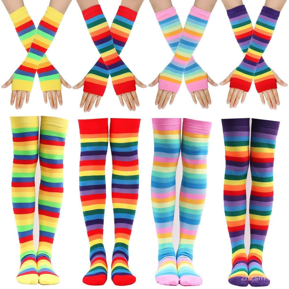 Conjunto de acessórios para festa com luvas listradas em cores do arco-íris