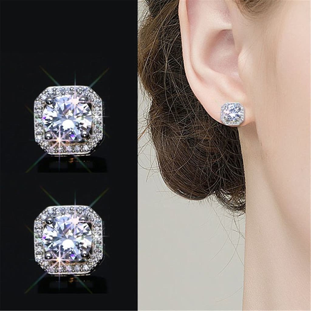 [Estoque pronto] Estilo 6mm branco redondo diamante borda redonda canto quadrado brincos elegantes All-Match zircão brin