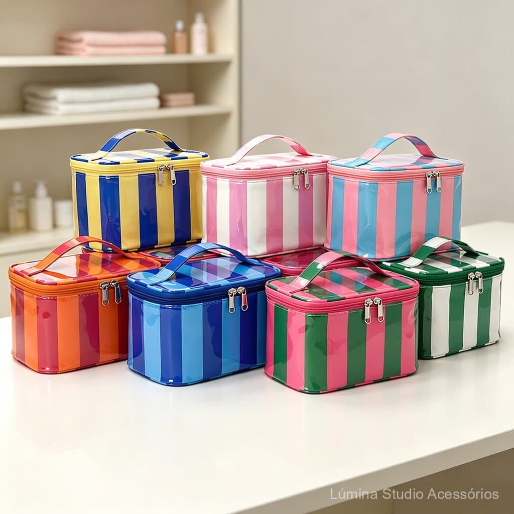 Nova bolsa de maquiagem listrada e brilhante, bolsa de higiene pessoal à prova d'água em PVC, bolsa de maquiagem de viag