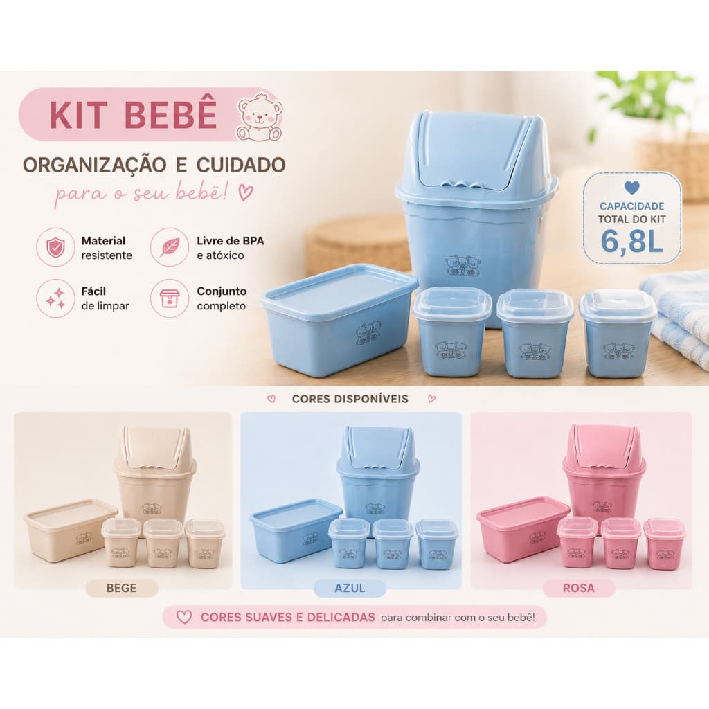 Kit 5 Pcs Higiene Bebe Cuidado Organização Quarto Presente Menina Menino