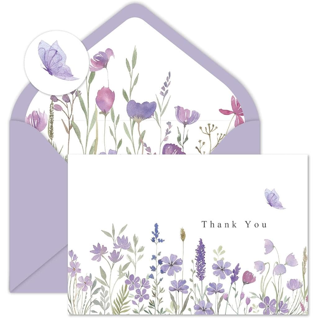 AnyDesign Pacote com 24 Cartões de Agradecimento com Flores Silvestres, Cartões de Saudação com Flores Roxas, com Envelo