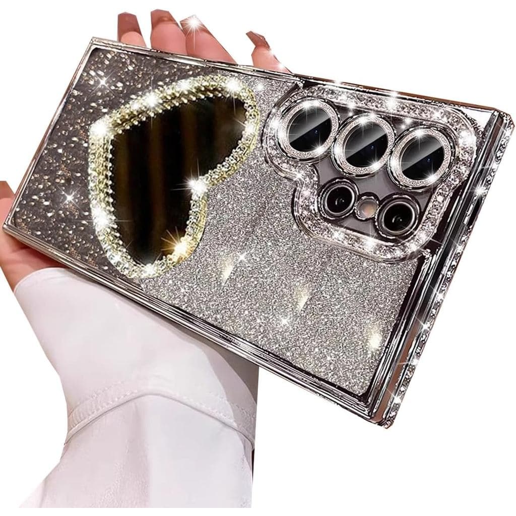Capa Espelhada Brilhante Changjia para Samsung Galaxy S25 Ultra, Capa de Luxo com Coração de Diamante e Espelho de Maqui