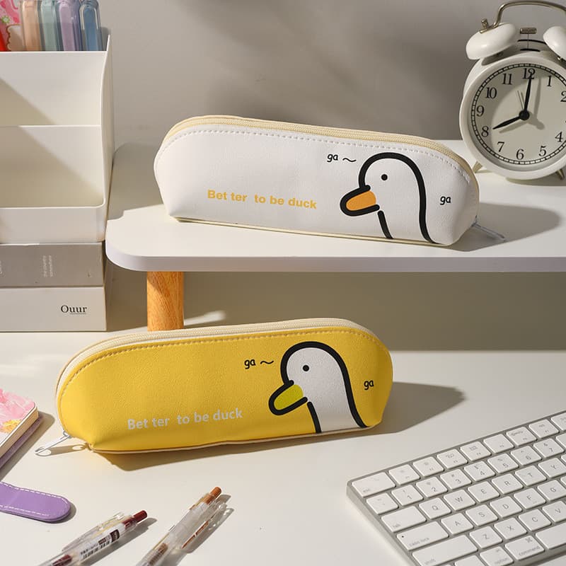 Bonito pato dos desenhos animados couro de alto valor lápis caso grande capacidade simples papelaria lápis caso criativo