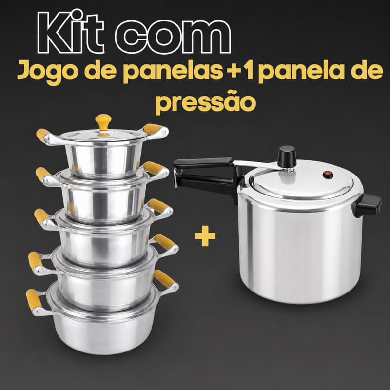 Promoção Jogo de Panelas 5 Caçarolas Alumínio Batido e Fundido Panela Minas Asa de Madeira + Panela de Pressão 4,5