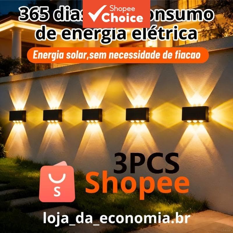 3pcs Lâmpada de Parede Solar Inteligente – 6/8/10/12 LEDs – 0 Custo de Energia – IP65 – Liga/Desliga Automático ao