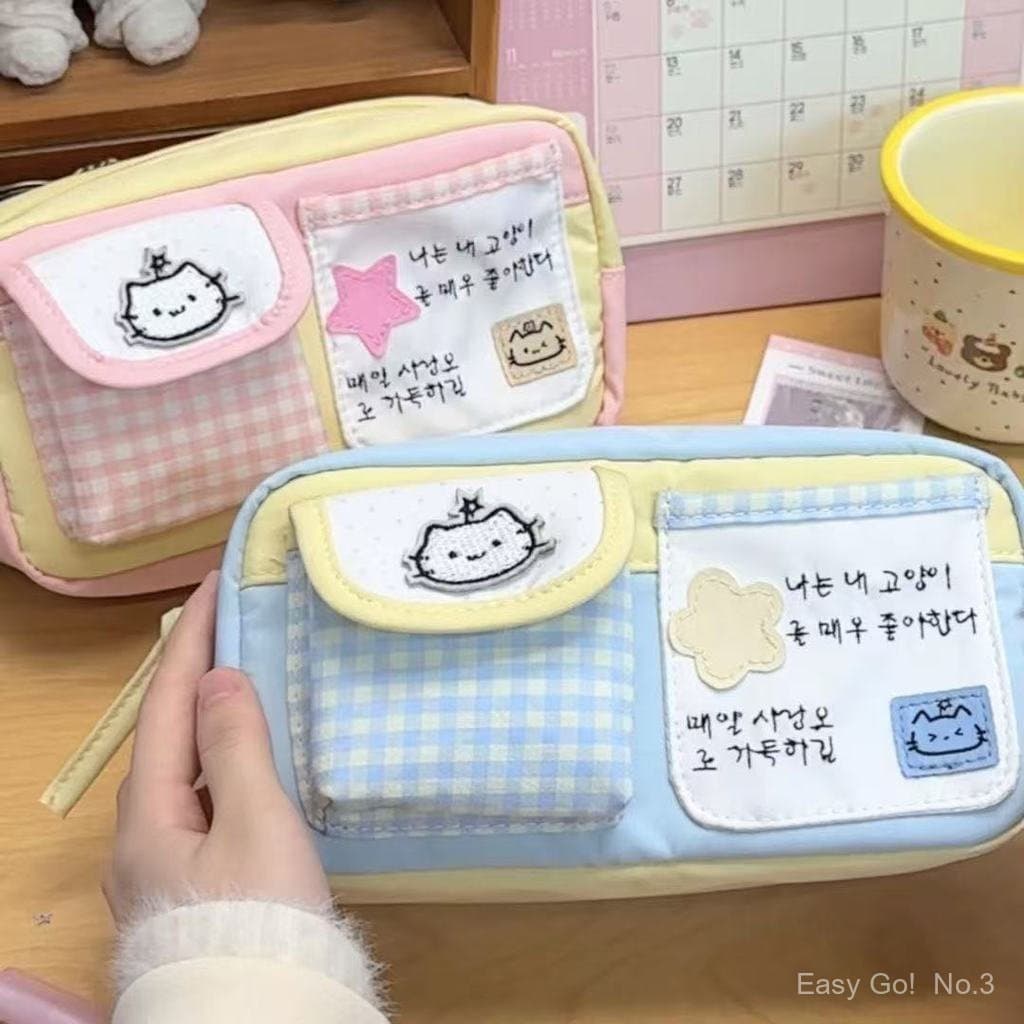 Estojo de Gato Xadrez- Necessaire Escolar Japonesa Estilosa para Meninas, Grande Capacidade