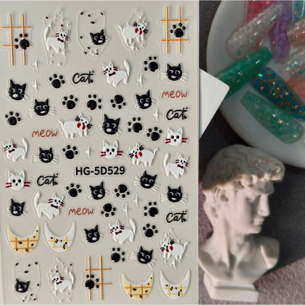 Adesivo de Manicure de gatinho preto fofo, relevo tridimensional 5D, Design multifuncional, com lindo padrão de garra de