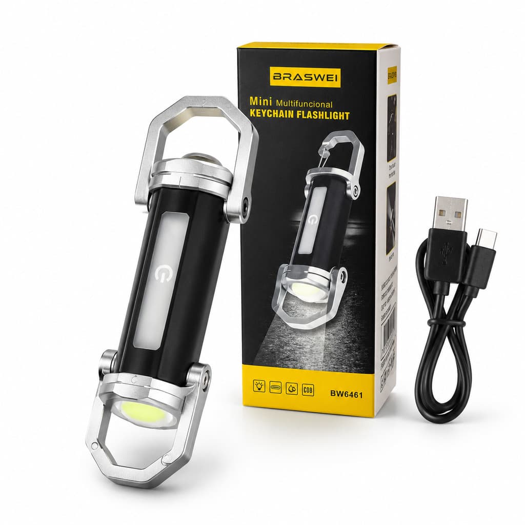Mini Lanterna Chaveiro Recarregável USB Tipo C COB LED Multifuncional Gancho Camping Emergência BW6461