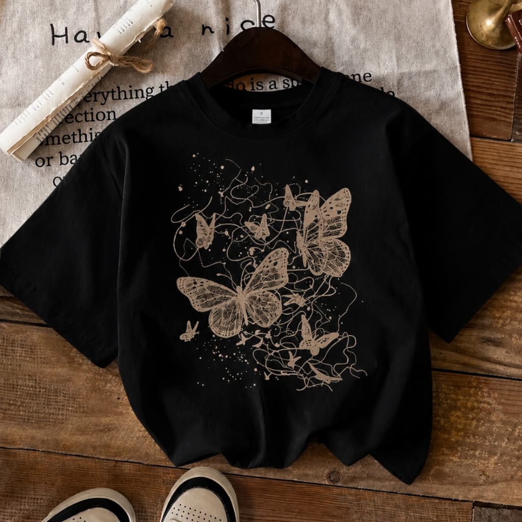 Cropped Feminino Estampa Borboletas 100% Algodão Camiseta Streetwear Manga Curta Casual Premium