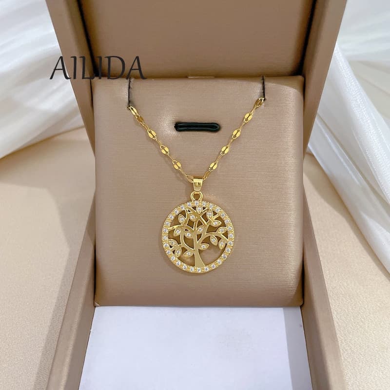 Colar de Aço Titânio Árvore da Vida Zircon Light Luxury Gorgeous Gorgeous Full Diamond Necklace Fêmea Cadeia de
