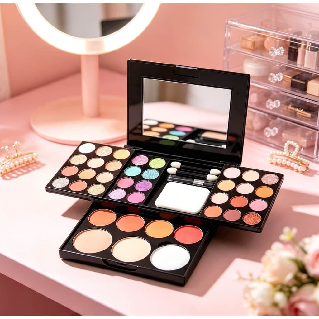 Paleta de Maquiagem 3 em 1 Sombras Blush e Pó Compacto Kit Completo com Pincéis e Esponja Portátil Viagem