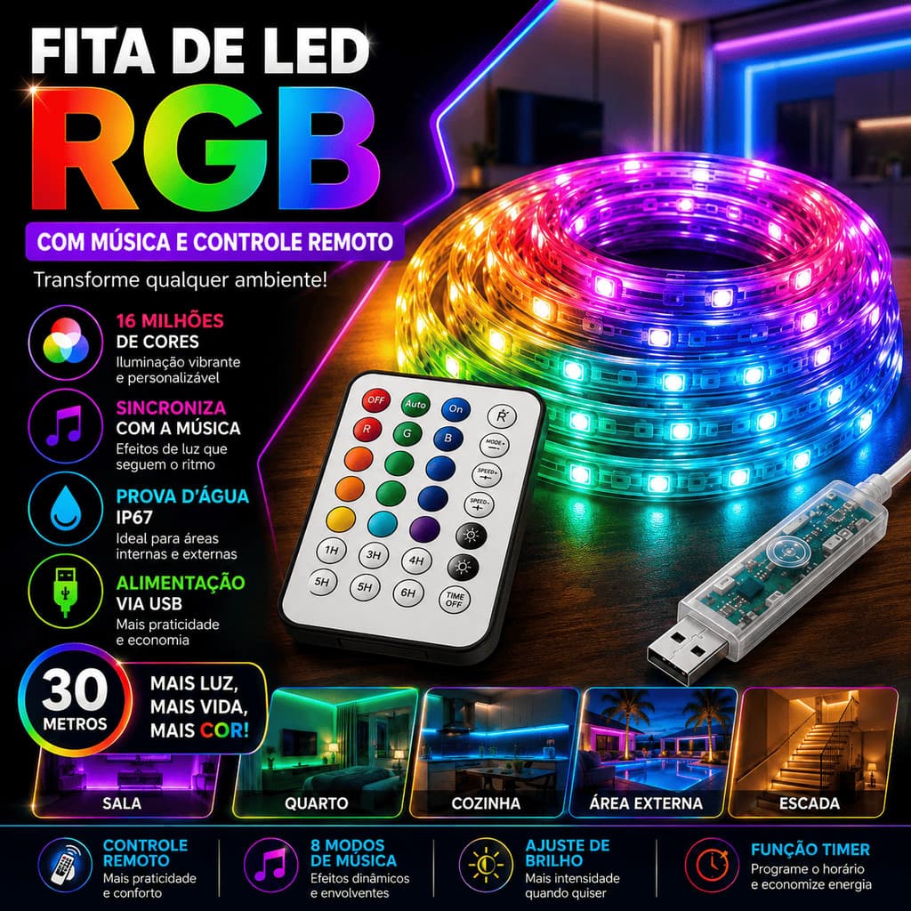 Fita De Led RGB Sincroniza Com Musica 30 Metros Prova Dagua IP67 16 Milhoes De Cores USB Controle Remoto Iluminacao