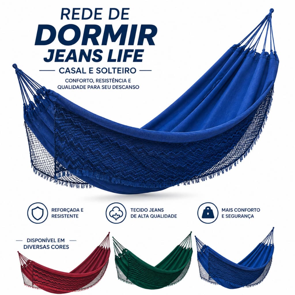 Rede De Dormir Jeans Casal/Solteiro Descanso Life Varias Cores Rede Descanso Reforçada Casal e Solteiro