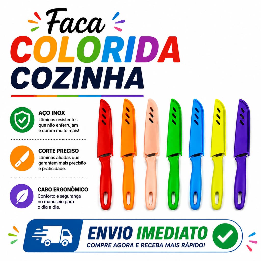 Kit Facas Coloridas  20cm Jogo De Cozinha Aço Inoxidável Faqueiro Frutas Legumes