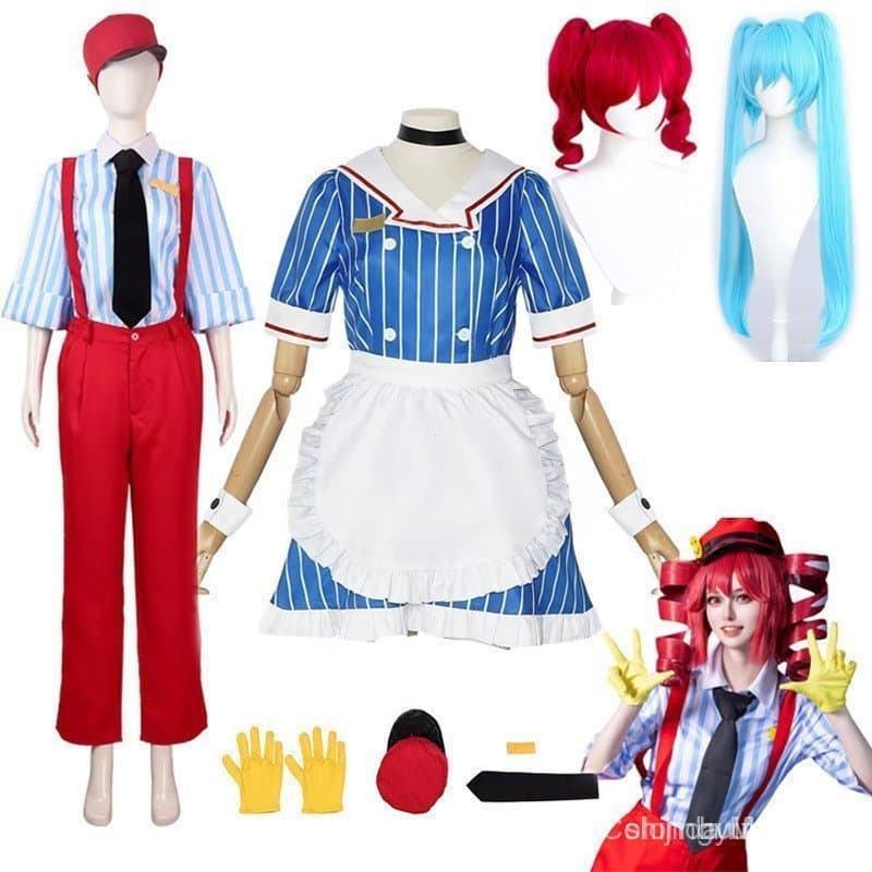 Conjunto de Fantasia de Cosplay Kasane Teto com Peruca, Uniforme de Empregada Anime VTuber, Vestido Listrado e Chapéu AY