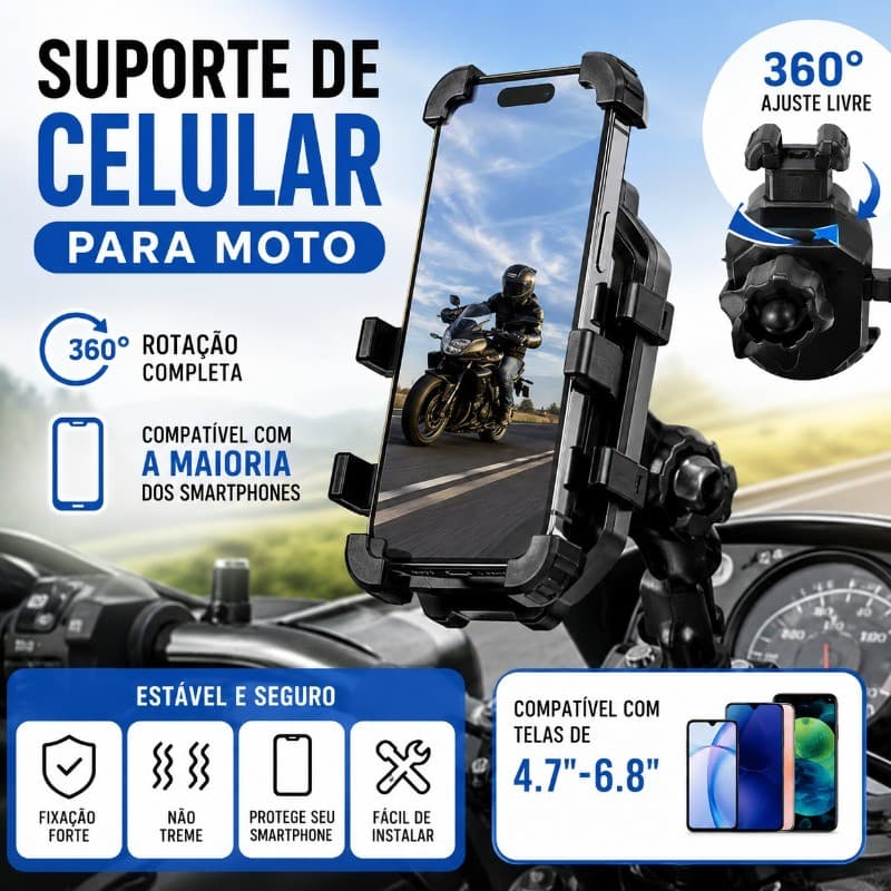 Suporte para celular para motocicleta, Base esférica com giro de 360° graus，Adequado para vários tamanhos de telemóveis