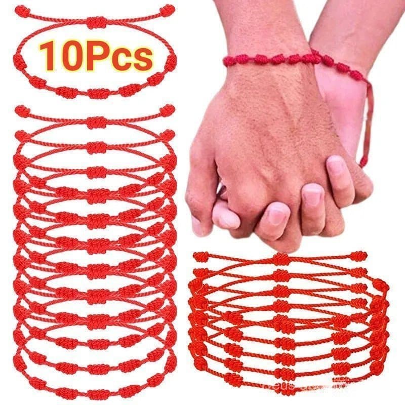 10 Peças de Pulseiras Ajustáveis Feitas à Mão com Sete Nós, Corda Vermelha, Simples e Personalizadas, Acessórios de Joal