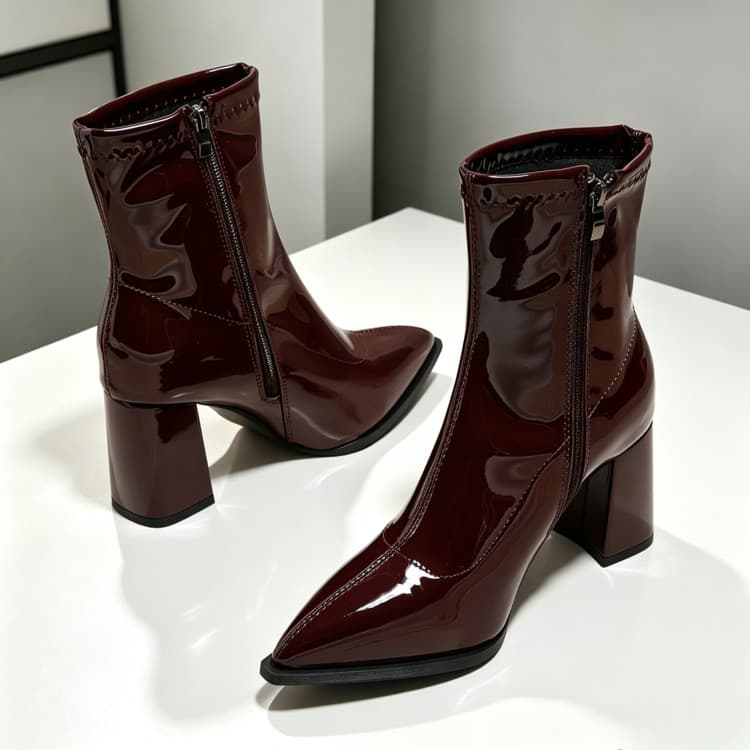 Botas Femininas de Bico Fino, Botas Curtas com Zíper Lateral Brilhante, Botas Casuais de Salto Grosso, Tamanhos 35-40