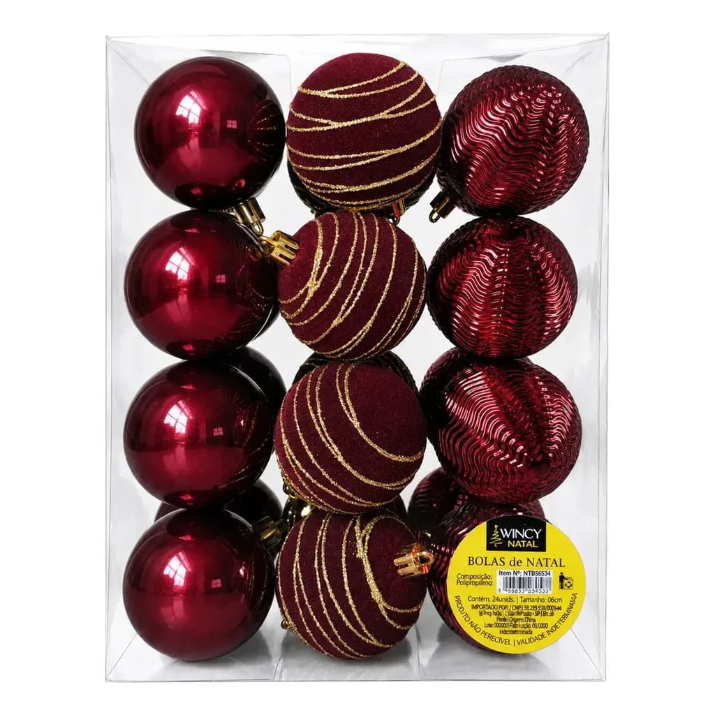 Kit 24 Bolas Decoração Àrvore De Natal Bordô Vinho Premium