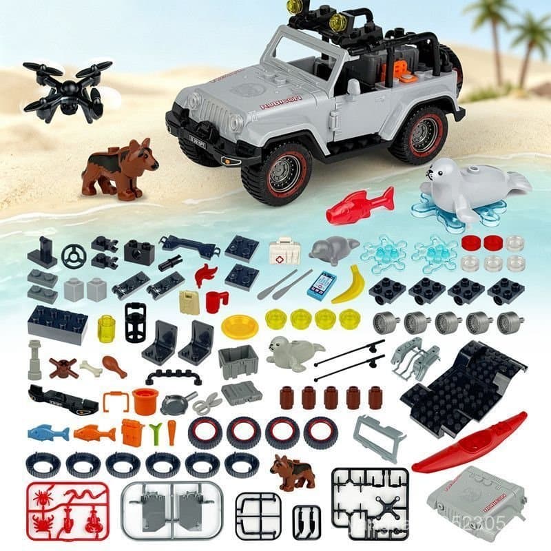 Compatível com a nova e moderna bandeira de guerra de praia criativa MOC da LEGO, veículo off-road de pesca, blocos de m