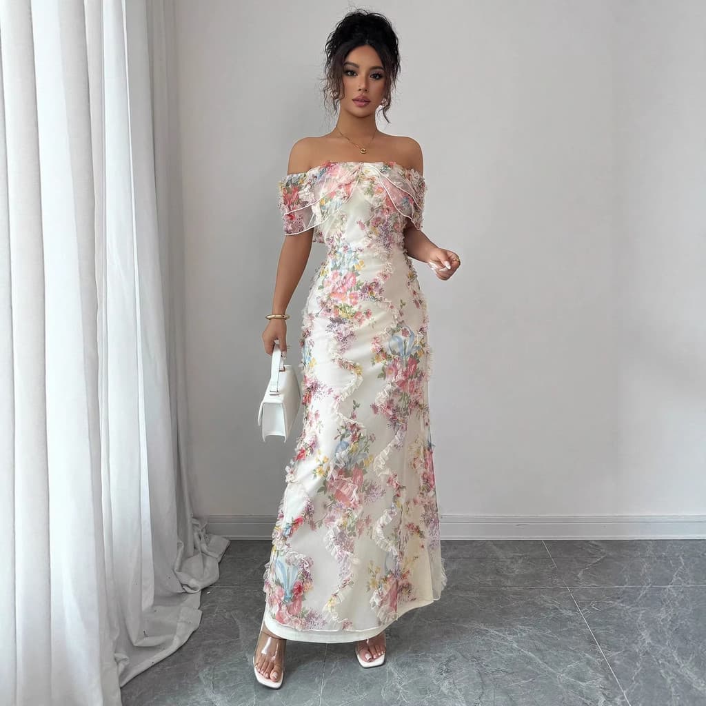 Pronto estoque Transporte rápido feminino temporada novo estilo elegante malha romântica estampa Floral decoração plissa