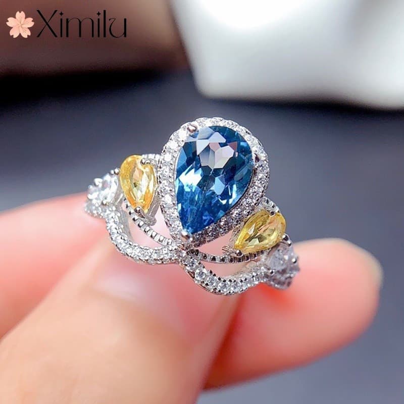 ❤ Requintado coroa em forma de gota anel topázio de duas cores feminino ajustável elegante