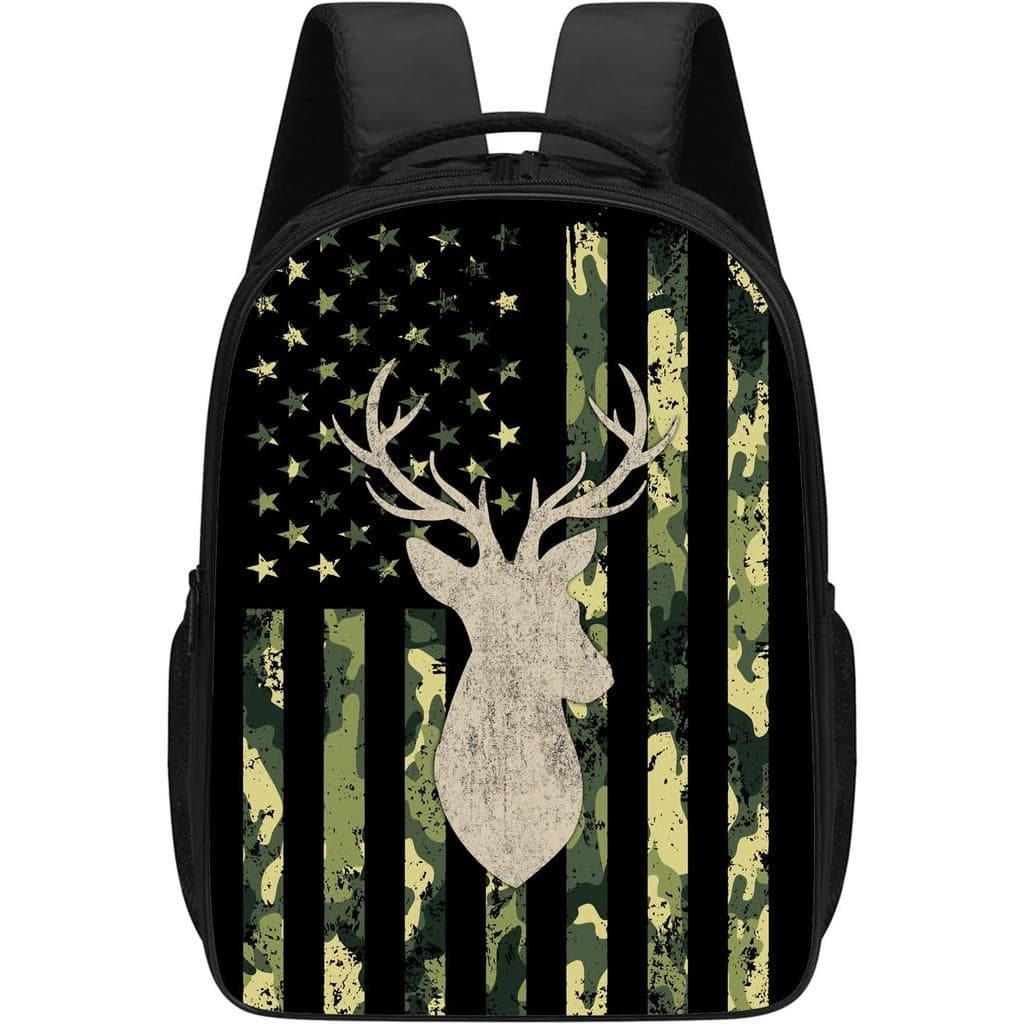 Mochila Camuflada KOYI para Meninos, Mochila com Estampa da Bandeira Americana e Cabeça de Cervo, Mochila Escolar Vintag