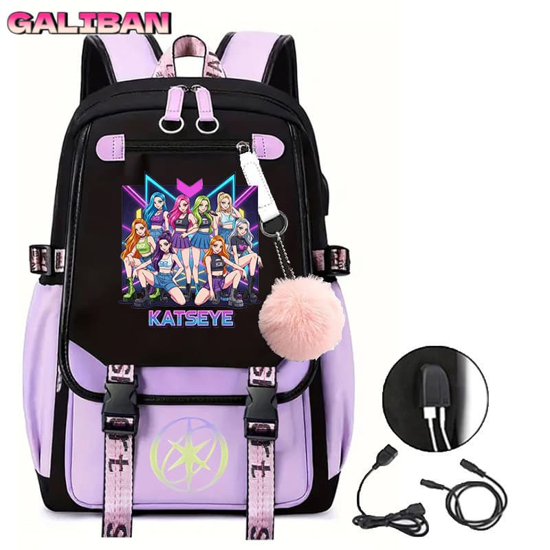 Mochila Kpop Katseye com estampa de grupo coreano, bolsa para laptop com USB, mochila escolar de grande capacidade, moch