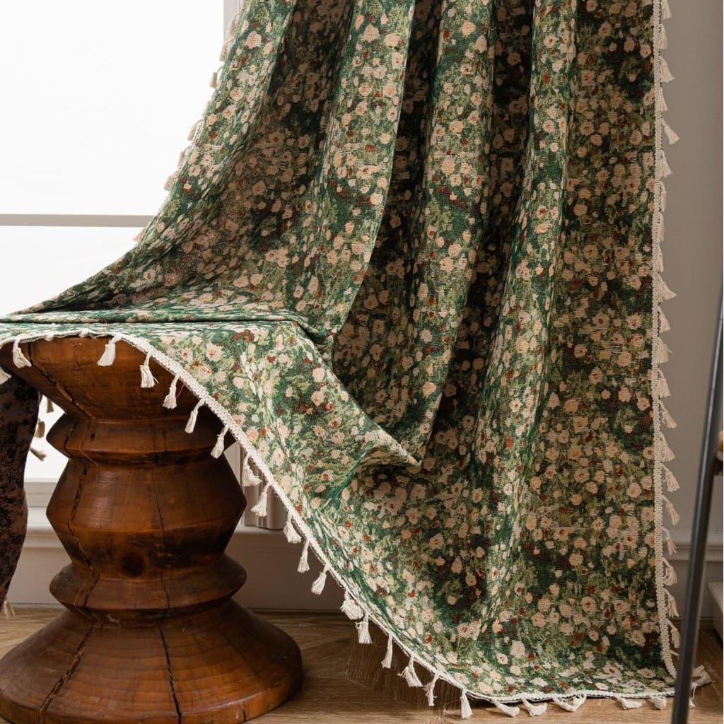 Qiyun Cortina Francesa Estilo Retro Engrossado Cortina Fresca Acabada Semi-Blackout Verde Monet Pintura A Óleo