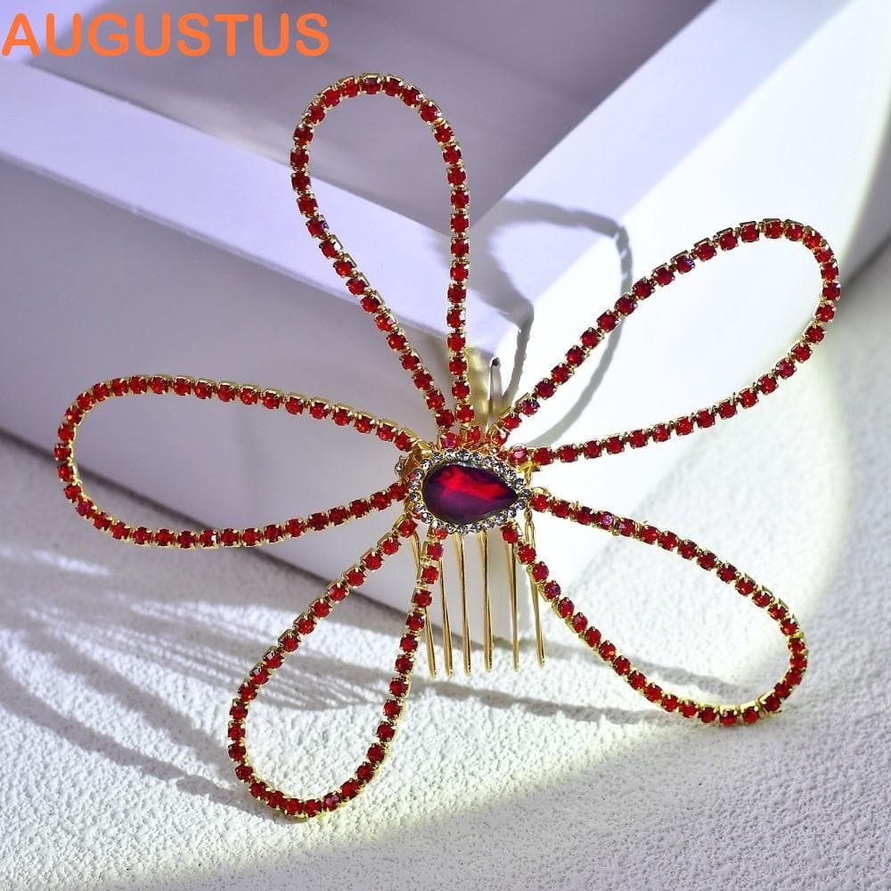 Grampo De Cabelo Com Pente De Flor Vermelha AUGUSTUS , Acessório Strass E Glitter De Cristal , Gota De Água