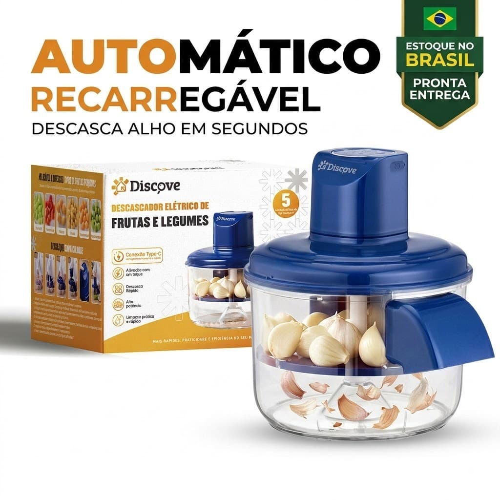 Descascador de Alho Elétrico Automático Recarregável USB 50W Sem Fio Bivolt Portátil Cozinha Discove