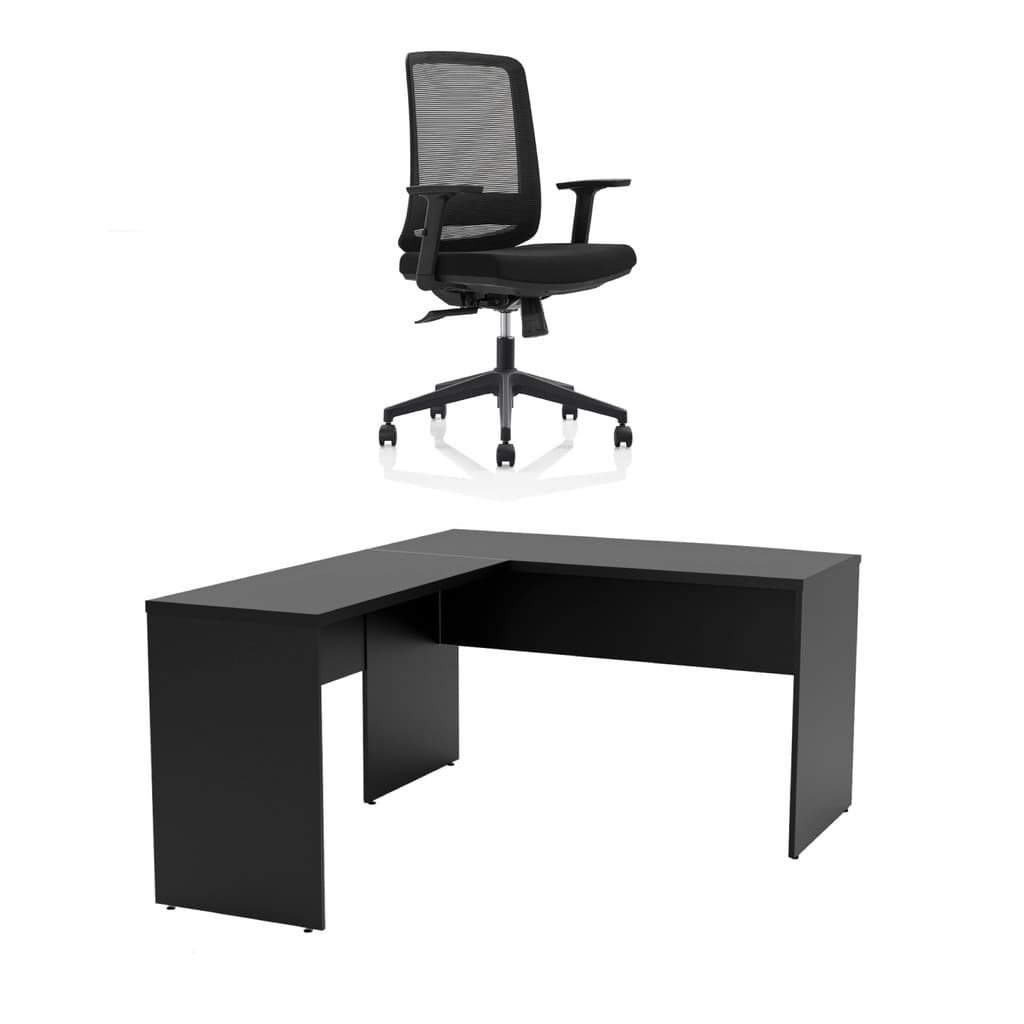 Mesa de Escritório em L 120x60cm + Cadeira Ergonômica Reclinável com Apoio Lombar Pistão Classe 4