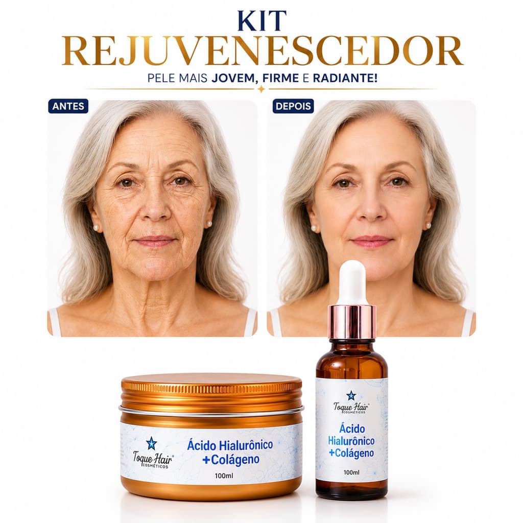 Antiflacidez Pele mais jovem Kit Rejuvenescedor de Ácido Hialurônico + Colágeno SERUM + CREME Hidratação Intensa