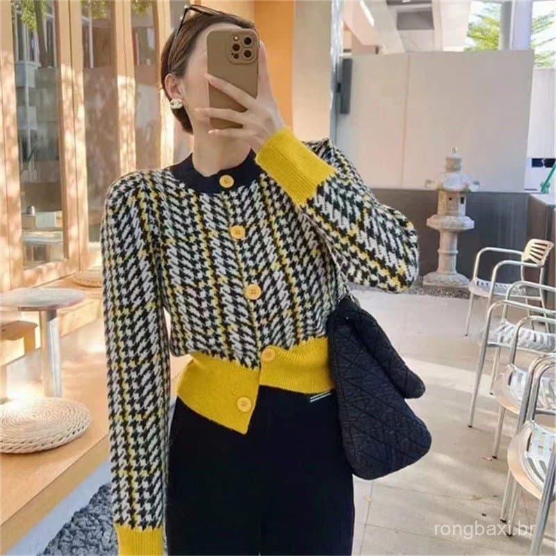 Versão coreana mais magro olhar contraste cor Houndstooth Design Irregular camisola inverno novo estilo solto Cardigan m