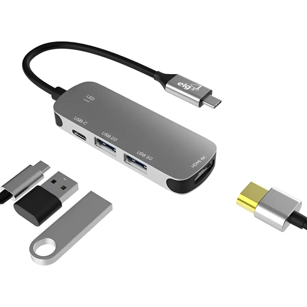Adaptador ELG HUB 4X1 Tipo C/UBB-A/Tipo C/HDMI - HUB41HD-V2