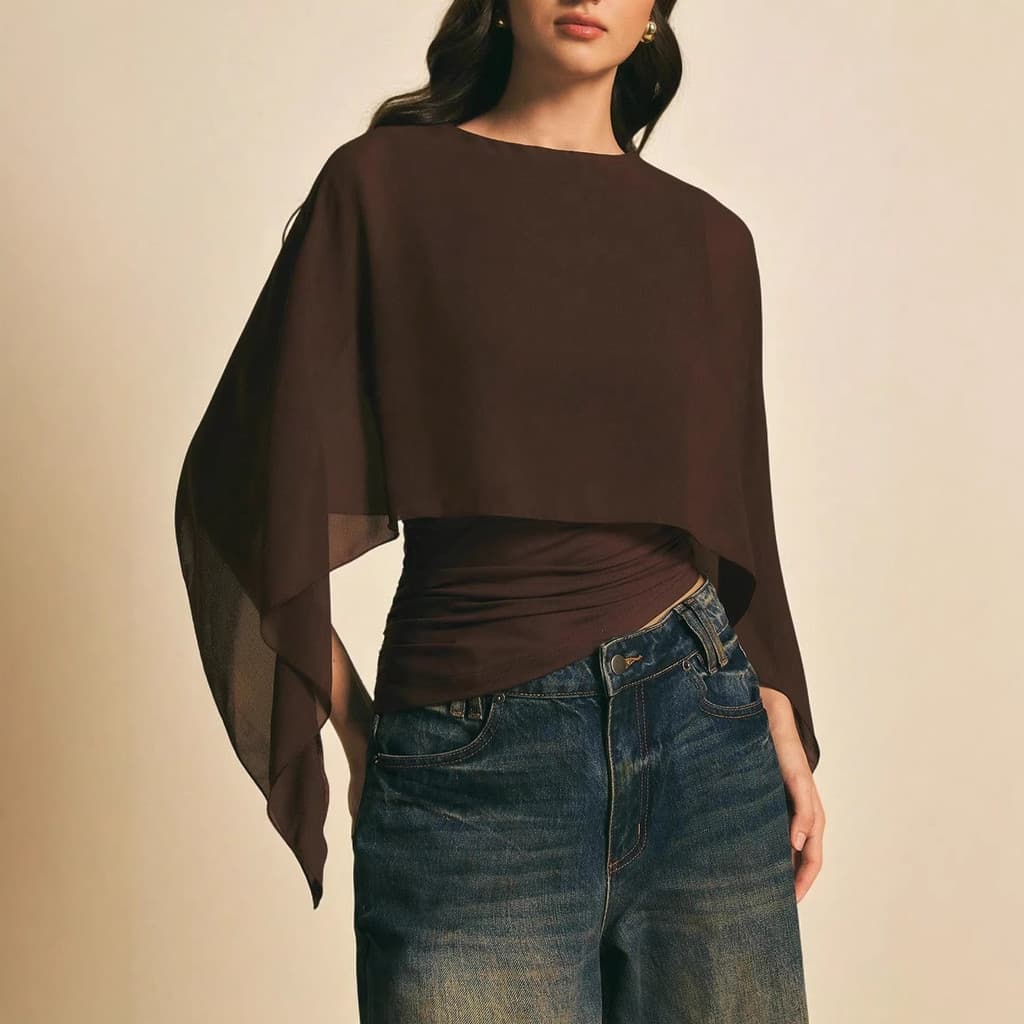 Camiseta Feminina de Manga Capa para o Verão de 2026, Blusa Solta de Chiffon com Decote Redondo, Top Elegante e Irregula