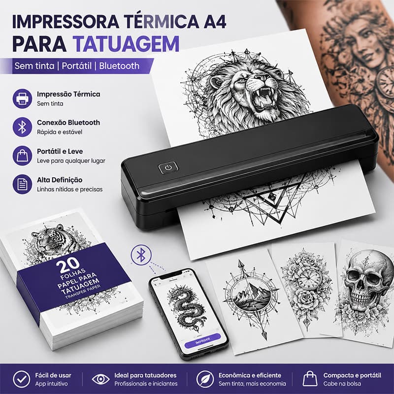 Impressora Térmica A4 Sem Tinta Bluetooth Portátil Recarregável para Decalque de Tatuagem e Documentos