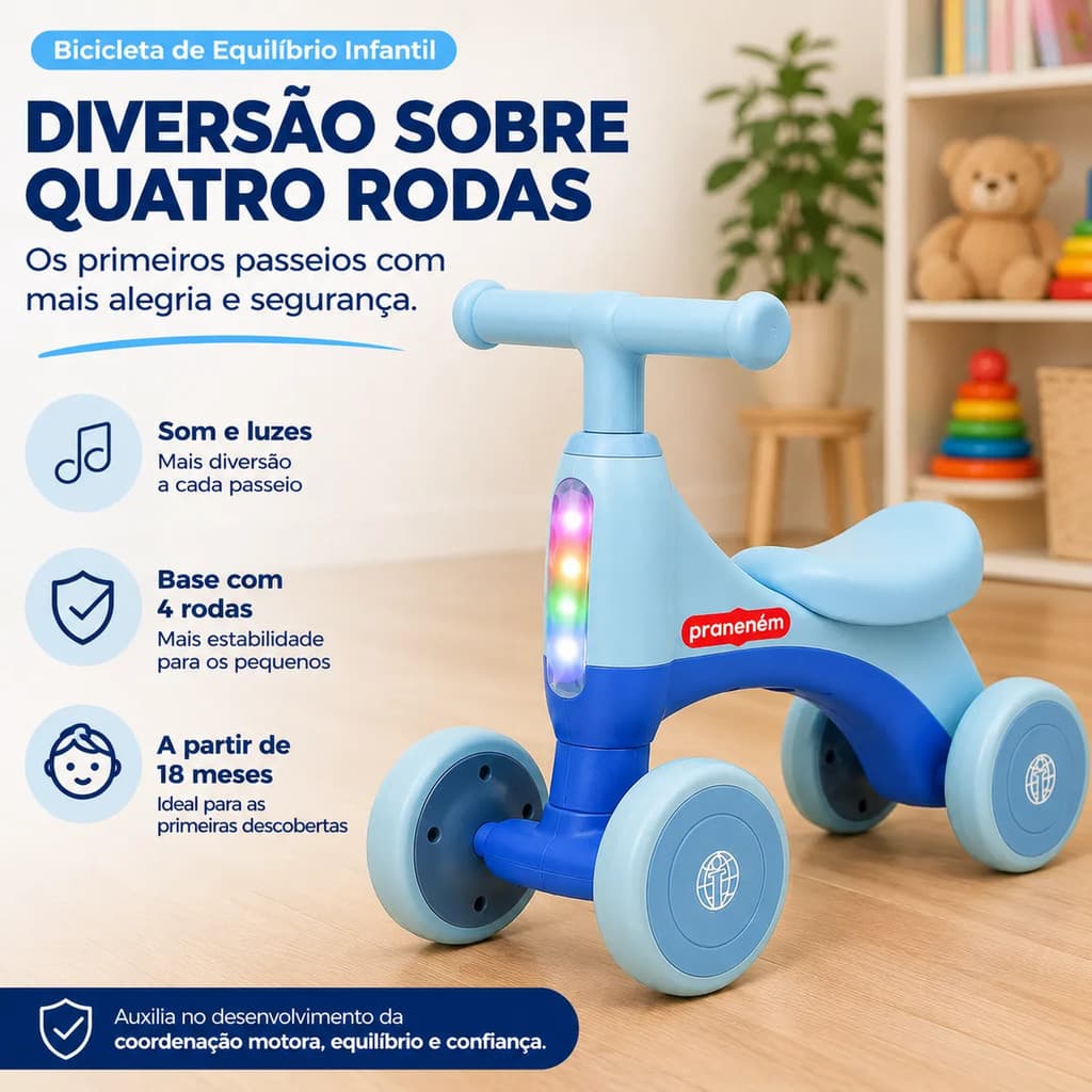 Bicicleta Infantil Equilíbrio 4 Rodas Sem Pedal Bebê 18 Meses Com Som Luzes Andador Infantil Azul Rosa