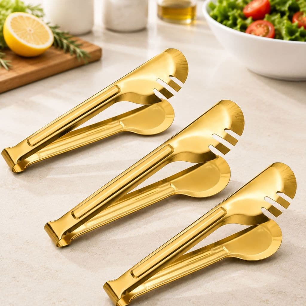Pegador Universal De Salada Dourado Em Aço Inox 24cm Premium Resistente Pegador Salada Massa Vegetais