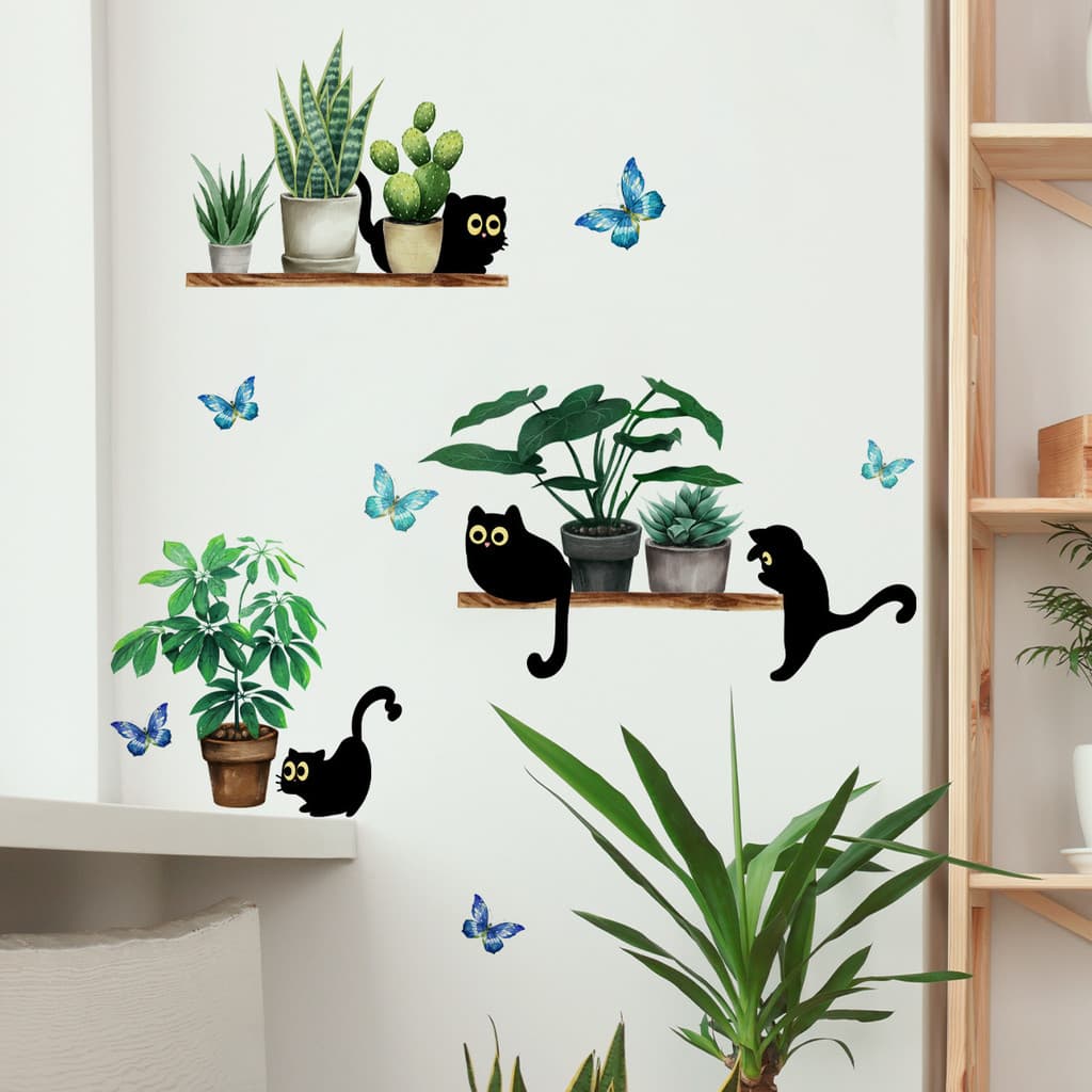 Adesivos de parede planta verde vaso gato preto adesivos de fundo parede sala estar decoração adesivos de parede
